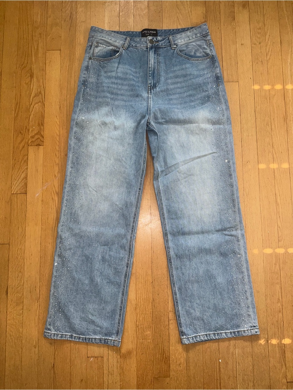 Light Blue Men's Wide fit Jeans with Rhinestone